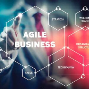 La imagen representa el concepto de "Agile Business" mediante hexágonos interconectados que destacan pilares como estrategia, tecnología y personas. Una figura señala los elementos, simbolizando interacción y adaptación en un entorno dinámico.